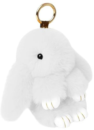 Generic Porte-clés lapin en fourrure de lapin duveteux, blanc, 14,9 cm en peluche douce pour enfants