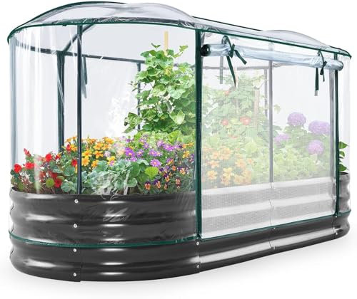 KING BIRD Hochbeet mit Abdeckung, verzinkt, oval, Pflanzkasten, für den Außenbereich, für Gartenarbeit, Gemüse, Blumen, 180,3 x 91,4 x 30,5 cm, transparent