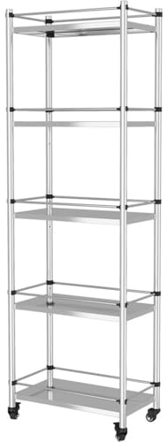 304 Edelstahl-Regal mit 5 Ebenen, robustes Regal mit Rollen für die Küche, Aufbewahrung, Metall-Arbeitstisch, Organizer, Regal für Töpfe, dekorativer Regalständer (40 x 32 x 150 cm)