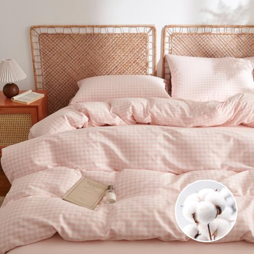 AShanlan Bettwäsche 135x200 Baumwolle Rosa Kariert Bettwäsche-Sets 2teilig | Bettbezug 135x200 mit Kissenbezug 80x80 cm, ÖKO-TEX Leinenoptik Gewaschene Baumwolle Bettwäsche mit Reißverschluss