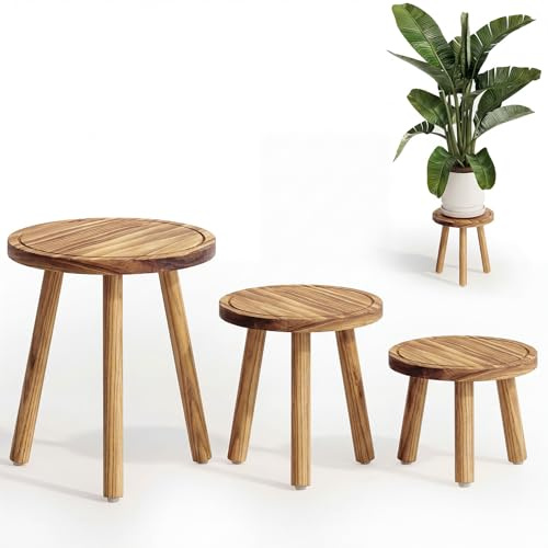 Bamworld Pflanzenhocker aus Holz im 3er-Set – Naturfarbene Blumenständer in 3 Größen – Dekorativer Pflanzenständer aus Massivholz für Zimmerpflanzen & Deko