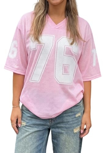 Women Number Print Jersey Tops Y2K Short Sleeve V Neck Oversized Tee Shirt Teen Girls Baggy Baseball T-Shirt (Pink, S)