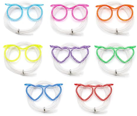 8PCS Straw Glasses Set, Drinking Straws,Colourful Frames, Fun Drinking Accessories for Parties and Gatherings, Assorted Styles Including Round and Heart-Shaped Frames in Multiple Colours