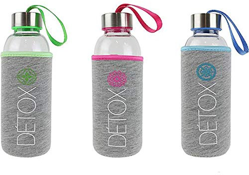 Cook Concept KA1778 Bouteille De Transport Avec Housse Néoprène Et Dragonne Détox Verre Transparent Gris Et Bleu Ou Rose Ou Vert D7 x H19,5 Cm