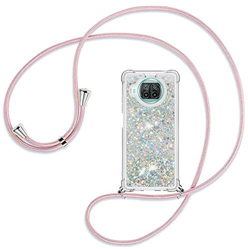 Ptny Hülle Glitzer Handykette kompatibel mit Xiaomi Mi 10T lite 5G - Smartphone Necklace Treibsand Flüssig-Glitzer Hülle mit Band - Schnur zum umhängen Back Cover mit Glitter Flüssigkeit, Roségold