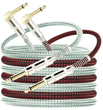 OTraki 10ft Guitar Cable 2 Pack Electric Guitar Chord Instrument Cable Quarter Inch L Shaped Guitar Cable Straight to Right Angle Gold Plated Plug for Bass Amp Keyboard Red & Green