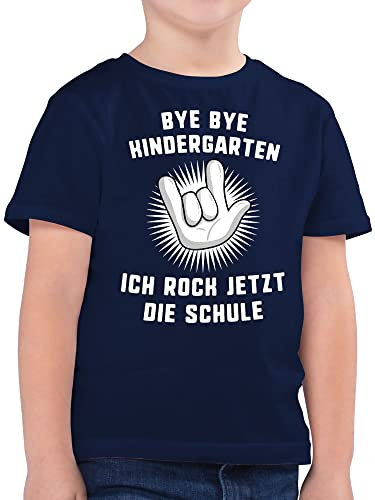 Kinder T-Shirt Jungen - Einschulung Junge - Bye Bye Kindergarten Ich Rock jetzt die Schule Hand - 164 (14/15 Jahre) - Dunkelblau - einschulungsshirt Shirt Schulkind schulanfänger Kita Ende Tshirt