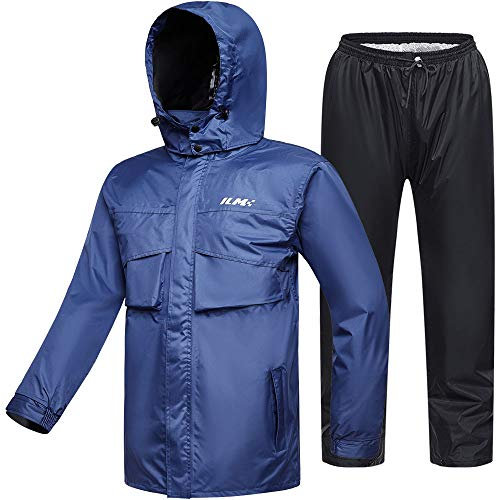 ILM Motorcycle Rain Suit Waterproof Men 2 Set Jacket and Trousers Motorbike Fishing Rain Gear Resistant Protective 6 Pockets RS02,Blue-men,L