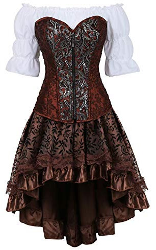 Steampunk corsagenkleid Leder Corsage Kleid Korsett Piraten Rock Kostüm Piraten Spitzenrock und Bluse Halloween Braun 5XL