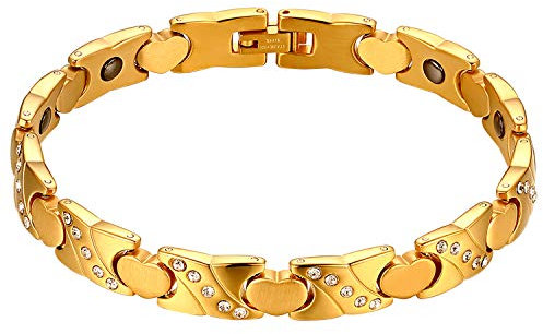 JewelryWe Magnetarmband Herz Armband Damen: Gold Edelstahl Magnet Therapie Kugel Perle Perlen X Herz Link Armkette mit Zirkonia Verstellbar Handgelenk Kettenarmband Gliederarmband für Frau Mädchen