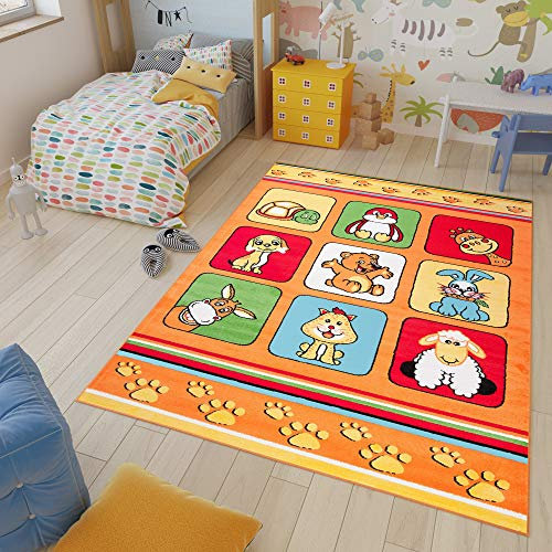 TAPISO Kinder Teppich Kurzflor Kinderteppich Modern Design Bunt Orange Blau Gelb Rot Süße Tiere Motiv Kinderzimmer ÖKOTEX 80 x 150 cm
