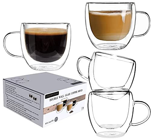 Doppelwandige Design-Glastassen mit Griff für Tee und Kaffee, isolierte Gläser, hitzebeständiger Thermobecher für Cappuccino, Latte, Teegetränke (Set mit 4 Stück à 250 ml)