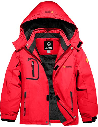 GEMYSE Jungen Skijacke Wasserdichte Winddichte Winterjacke Warm Gefütterte Kinder Schneejacke mit Kapuze für Outdoor(Rot,140-146)