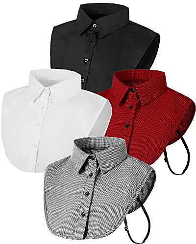 Hicarer Faux Col Femme Détachable 4 Pièces Chemises Demi-Chemisier Col Dickey Femmes, Noir, Blanc, Plaid Noir et Plaid Rouge, M