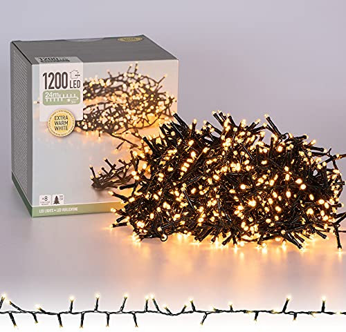 ECD Germany LED Cluster Lichterkette Extra Warmweiß 1200 LED 24m mit 8 Programmen, IP44, Innen und Außen, Clusterlichterkette Büschellichterkette Weihnachtsbaum Weihnachtsbeleuchtung Deko Weihnachten