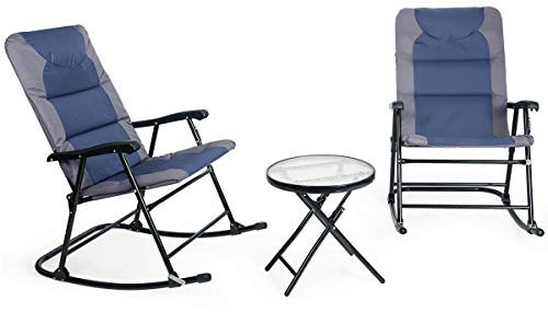 GOPLUS Salon de Jardin 2 Personnes Pliant,3 Pcs Ensemble de Fauteuil à Bascule et Table Basse Pliable 2 Chaise Berçante avec 1 Table Ronde en Verre Trempé pour Terrasses,Salon de Jardin (Bleu)