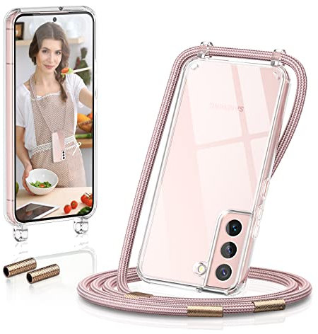 GOODVISH Handykette kompatibel mit Samsung Galaxy S22 6,1 Display | Necklace Hülle mit Band Handyhülle für zum Umhängen | Transparent Case mit Schnur | Kameraschutz und Bildschirmschutz, ORO Rosa