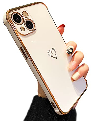 ZTOFERA Heart Phone Case for iPhone 14 (6.1), White | Cute Love Heart Pattern, Fashion Plated Edges, for Girls Women, Flexible Soft Silicone, Shockproof Bumper Cover