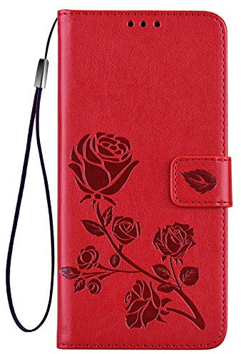 HAOYE Funda para Realme C33, Suave PU/TPU Cuero Flip Carcasa Case Cover, Magnética en Relieve de la Rosa, Billetera con Soporte/Tapa Tarjetas. Rojo