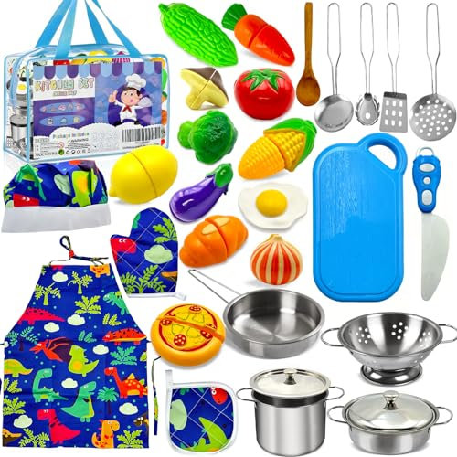 NINGESHOP Accesorios Cocina Juguetes 30 Piezas Utensilios Cocina Juguete Juguetes de Cocina para niños Accesorios, Juego de Roles de Cocina, Cocina de Juguete, Frutas y Verduras Juguete, Delantal
