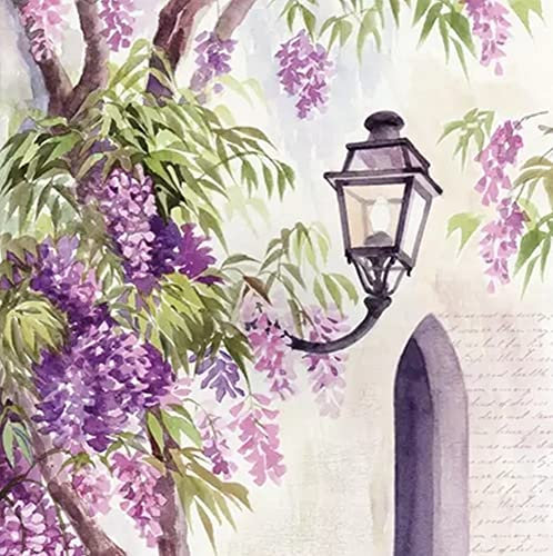 20 Servietten Blauregen um Laterne | Griechenland | Italien | Urlaub | Natur | Tischdeko | Decoupage | Serviettentechnik 33x33cm