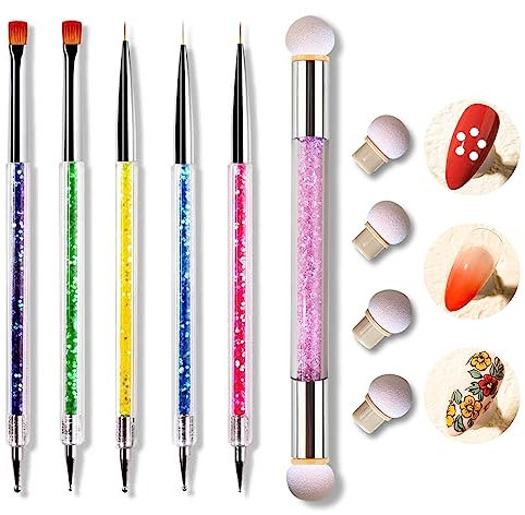 FINEASY 5 Stück Nagel Pinsel Set, Nagel Art Fineliner Pinsel mit Schwammpinsel, Acryl Nagelpinsel, Sponge Brush Applikator inkl 4 Ersatzköpfe, Nagellack Pinsel für DIY Nageldesign Nail Art Design