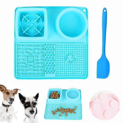 Tapis de Lèche Chien, Tapis de Lechage Alimentation avec 1 Spatule pour Chat sans BPA Silicone, Tapis Lent avec Ventouses pour Bain, l'entraînement, Toilettage et l'entretien des Griffes(Bleu)