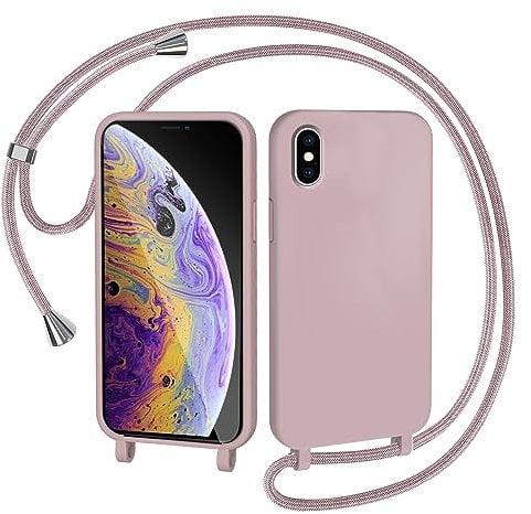 AOMYKE Handyhülle für iPhone X/iPhone XS Hülle mit Band, Handyband iPhone X/iPhone XS Hülle zum Umhängen Schutzhülle mit Kette Kordel Weich TPU Liquid Silikon Case, Pink