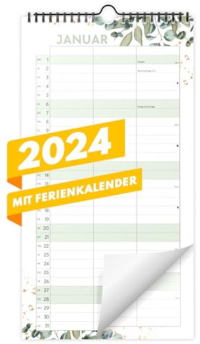 Planer für Zwei (Wandkalender 2024 mit 3 Spalten 21x40cm) - Partnerkalender für Paar - Paarkalender mit drei Spalten - Kalender zum Aufhängen für zwei Personen (ganzes Jahr 2024) - Eukalyptus