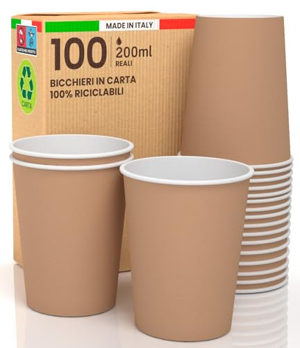 100 Bicchieri in Carta Color Avana 200ml, Ecologici, Biodegradabili, Monouso Made in Italy - Asporto Bevande Calde Acqua - Prodotto e confezionato in Italia