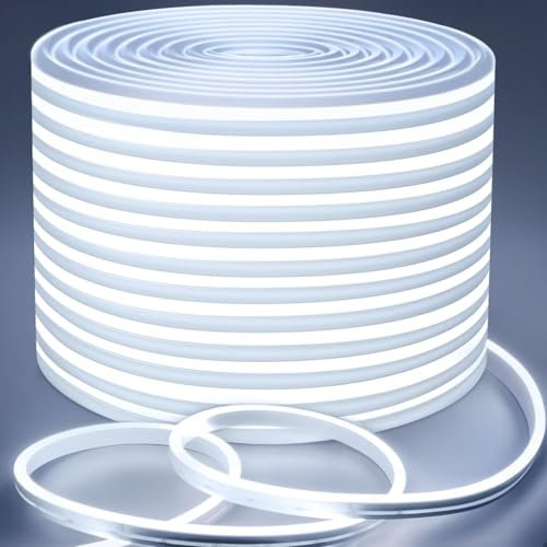 Lamomo LED Strip Light 15m White, Dimmable LED Lights Strip, 6000K Waterproof Silicone Flexible Neon Rope Light for Bedroom Indoor Decor
