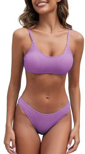 Fanuerg - Costume da bagno da donna a costine con scollo rotondo e sfacciato testurizzato a due pezzi, Viola, M