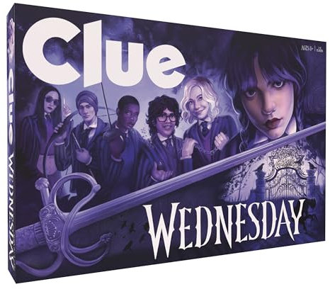 CLUE: Wednesday Klassisches Brettspiel, inspiriert von der Netflix-Original-Serie, Löse das Geheimnis der Nevermore Academy mit Freunden und Familie, offizielles Lizenzprodukt, 2–6 Spieler, ab 8