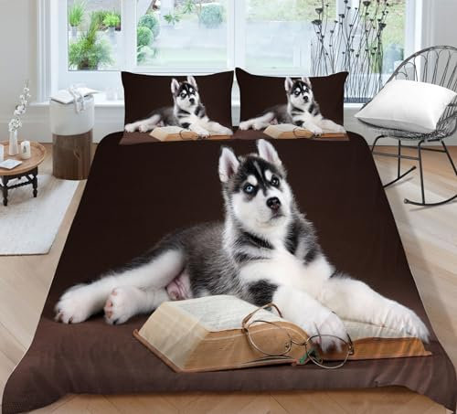 CTQTZ Tiere Bettwäsche-Set für Kinder 135x200 Husky Haustier Hund Drucken Kinder bettwäsche Bettbezug und Kissenbezug 80x80cm Sibirischer Husky-Hund Bettbezug