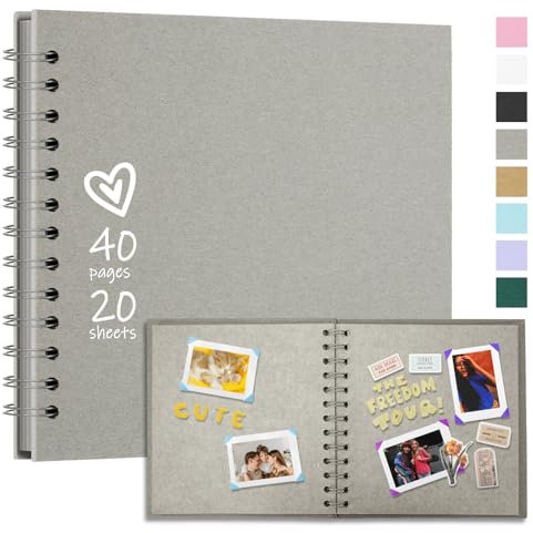 Vienrose 20,5 x 20,5 cm Fotoalbum zum Selbstgestalten und Einkleben mit 40 Seiten, Hardcover Kraftpapier Spiralalbum, DIY Sammelalbum für Hochzeit, Geburtstag, Hellgrau