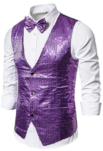 Gefomuofe Chaleco de lentejuelas para hombre con lentejuelas, abrigo de discoteca, disfraz de carnaval, disfraz de rava, vestido de novia con pajarita, corbata pañuelo jacquard, Lila., XL