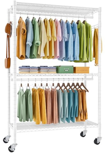 Solerconm Portant à Vêtements avec Roulettes et Étagères à Chaussures, Penderie Métallique Mobile, Hauteur et Largeur Réglables avec 2 Barres, Capacité de Charge 204 kg Blanc