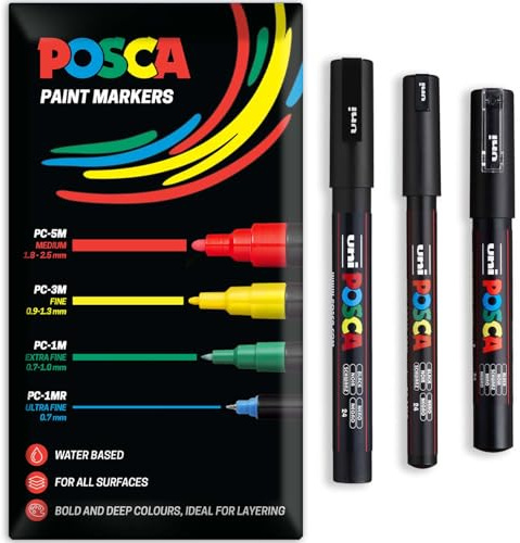POSCA Permanent-Marker auf Wasserbasis, für verschiedene Oberflächen, PC-1MR, PC-1M, PC-3M, Packung mit 3 Stiften in Brieftasche (Schwarz)