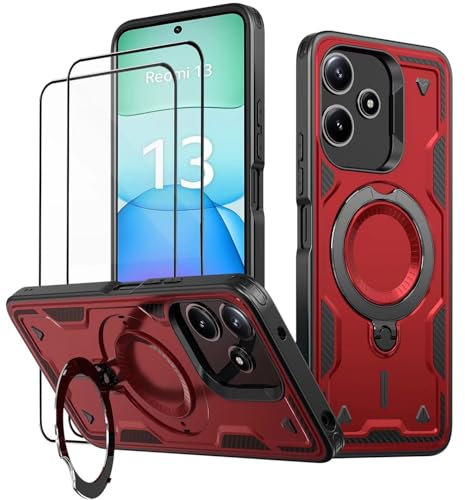 KANSi Hülle für Xiaomi Redmi 13 / Redmi 12 / Poco M6 4G mit Schutzglas*2, Militär Handyhülle Ständer Stoßfest Gehäuse mit Metallring Ringhalterung - Panzerhülle Rote