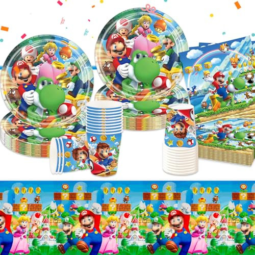 Super Bros Pappteller Kindergeburtstag Deko Jungen Mädchen- Mari Geburtstag Geschirr Set Super Brothers Geburtstagsdeko Partygeschirr Party Supplies Deko Tischdecke Servietten Teller Tassen 20 Gäste