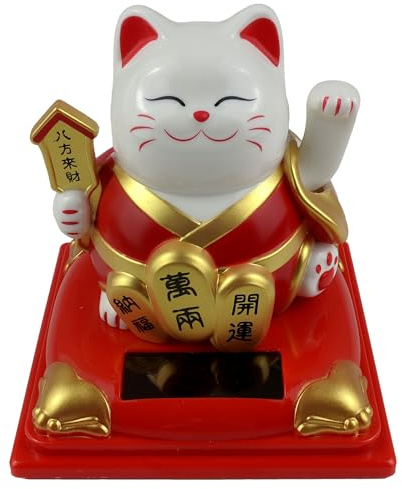 Freak Scene Glückskatze Maneki-Neko Kimono rot Solar 8cm weiß auf Sockel Winkekatze Lucky cat