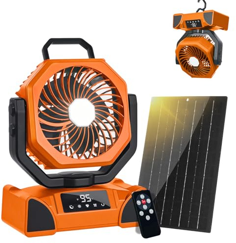 20000mAh Solar Camping Fan, Portable Rechargeable Battery & Solar Powered Fan with 7W Solar Panel, Remote Control, Auto Oscillating, LED Display, Light, Timer for Outdoor Camp, Beach, Travel Tent
