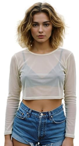 STAR FASHION Sheer Mesh Crop Top for Womens Stretchy Cropped Mesh Top Long Sleeve Crew Neck Ladies See Through Tops Clubwear Cream 8-10