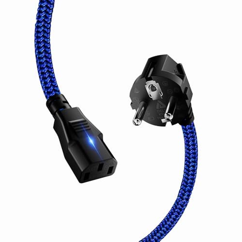 Goalfish 2,0m Kaltgerätekabel Typ F 90°auf C13, Blau, Nylon | Robust, Stromkabel Netzkabel 3 polig, Kaltgerätestecker mit VDE, für PCs, Monitore, Drucker, Scanner, Bildschirme, Projektor