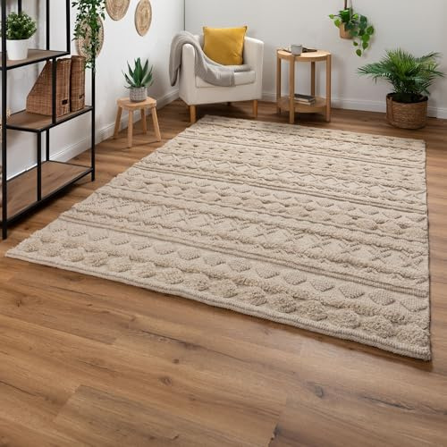 Steffensmeier Handweb Teppich Havana | Wolle, Sand, handgewebt, Größe: 200x250 cm Wohnzimmer und Schlafzimmer