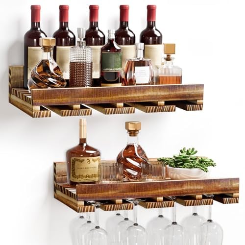 YORBAY Juego de 2 botelleros de Madera para Pared: Barra de Pared Vintage de Madera de palets flameados con Estante para Copas de Vino y Vino - Portabotellas de Pared para salón, Bar y Cocina