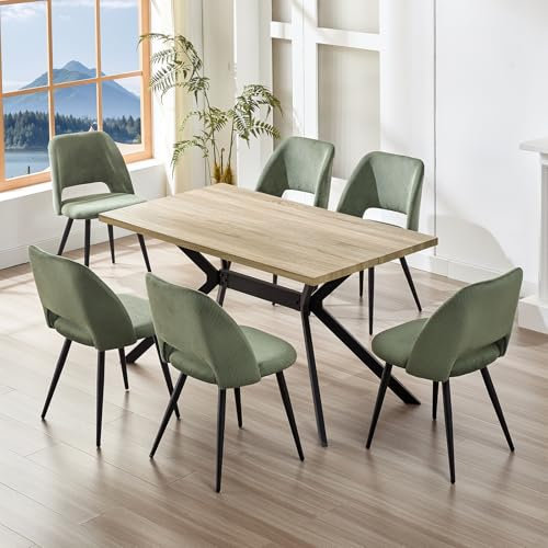 ANVOFONG Esstisch-Set mit 6 grünen Esszimmerstühlen, rechteckiger Tisch in Heller Holzfarbe 140 x 80 x 76 cm, Esszimmerstühle mit ausgeschnittener Rückenlehne