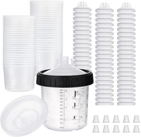 SPFAST Disposable Paint Cups for HVLP and LVLP Spray Gun, Mixing & Paint Spray Gun Cup 20 Ounce (600ml) Kit with 50 Cups and Lids System, 1 Hard Cup with Retainer Ring and 20 Plugs