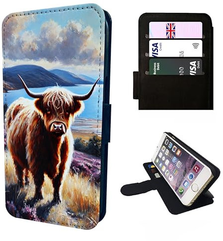 Highland Cow Wallet Phone Case Flip Cover Compatible with iPhone SE 7 8 X XR 11 12 13 14 15 16 16E 17 Air Plus Mini Pro Max – Faux Leather Scottish Highland Cow Print, Rustic Farm Animals Gift, Cow