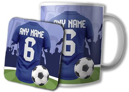 AK Giftshop Personalised Football Mug and Coaster Gift Set, 320ml Ceramic Cup, Sports Jersey Design with Name & Number On Shirt (Chelsea Colours)